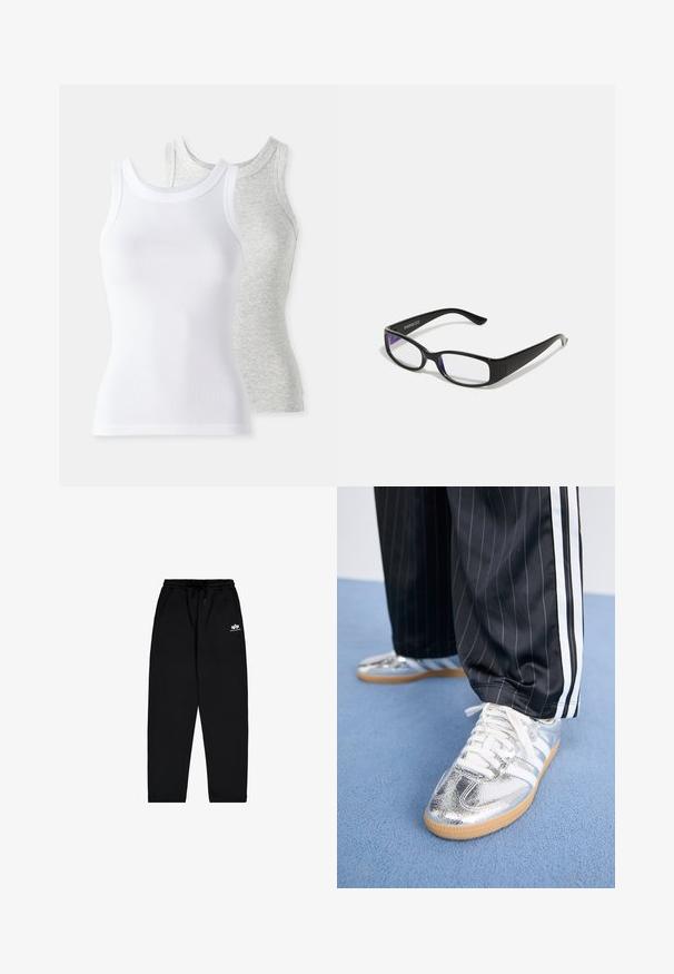 Zwei ärmellose Tanktops: eines in Weiß mit gerippter Textur und eines in Hellgrau mit subtilen Melange-Muster. Beide haben runde Ausschnitte.; Schwarze Sweatpants aus weichem Stoff mit elastischem Bund, Kordelzug und Seitentaschen. Mit kleinem weißen Logo auf dem Oberschenkel.; Metallisch silberne Sneaker mit weißen Schnürsenkeln und drei weißen Streifen, kombiniert mit schwarzen Nadelstreifen-Hosen. Gummisohle am Boden.; Schwarze rechteckige Brille mit klaren Gläsern. Glänzende Oberfläche, schmale Bügel und lila Tönung an den Rändern der Gläser sichtbar.