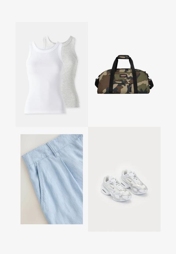 Zwei ärmellose Tanktops: eines in Weiß mit gerippter Textur und eines in Hellgrau mit subtilen Melange-Muster. Beide haben runde Ausschnitte.; Helle blaue Leinenshorts mit einem gefalteten Design, ausgestattet mit einem Bund und Nähdetails. Sanfte Textur und lässiger Stil.; Weiße Sportschuhe mit einem Obermaterial aus Netzgewebe und silbernen Akzenten, einer einzigartigen Form und Luftpolsterung in der Ferse. Geflochtenes Design mit Logo.; Tarnfarbener Duffelbag aus synthetischem Material, mit schwarzen Riemen, einem oberen Tragegriff und einer vorderen Reißverschlusstasche; verfügt über grüne, braune und beige Muster.