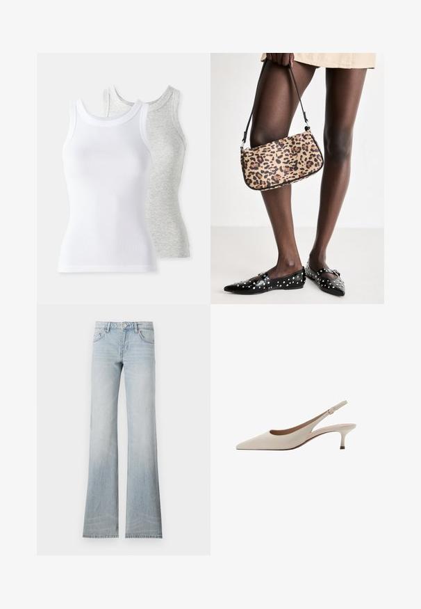 Două topuri fără mâneci: unul alb, cu textură din țesătură ribbed, și unul gri deschis cu un model discret heather. Ambele au decupaje circulare la gât.; Jeans evazați din denim de culoare albastră deschisă, cu un finisaj estompat, cinci buzunare și sistem de închidere cu nasture. Materialul are o textură netedă și o ușoară elasticitate.; Tocuri bej cu toc înclinare, cu vârf ascuțit și un toc jos, evazat. Fabricate din piele netedă, cu un design minimalist și curea ajustabilă.; Geantă cu imprimeu de leopard, cu o curea neagră, având o formă rectangulară și o textură netedă. Geanta este ținută alături de pantofi plate negri cu ținte.