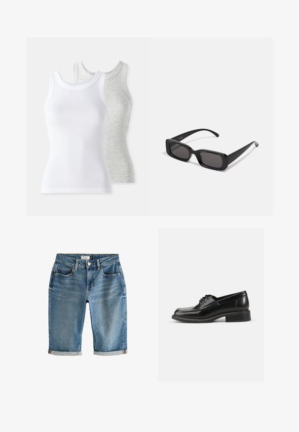 Divi bez piedurknēm t-krekli: viens balts ar ribotu struktūru, un otrs gaiši pelēks ar vieglu heather rakstu. Abi ir ar apaļu kakla izgriezumu.; Zili denima ceļu garuma šorti ar krokotu apakšmalu, piecām kabatām un metāla pogas aizdari. Audumam ir nedaudz izbalējusi izskats.; Melnas ādas kleita kurpes ar gludu tekstūru, noapaļots purngals, divi caurumi auklām un izturīgs bloks papēdis. Vienkāršs dizains bez rakstiem.; Melnas taisnstūrveida saulesbrilles ar tumšiem stikliem, spīdīga apdare, platas kājas un masīvs rāmja dizains. Uz vienas kājas ir iegravēts zīmola nosaukums.