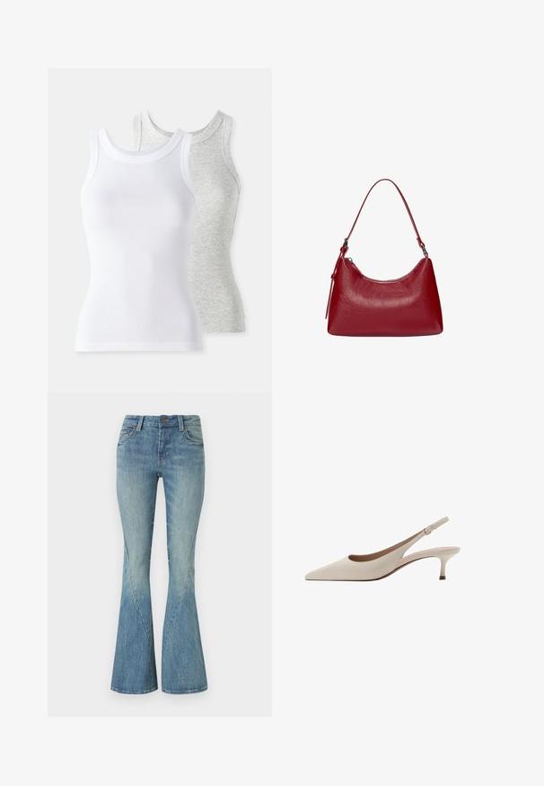 Twee mouwloze tanktops: één witte met geribbeld textuur en één lichtgrijze met een subtiel heatherpatroon. Beide hebben een ronde hals.; Lichtblauwe flared jeans van denim. Heeft een sluiting met een knoop aan de voorkant, vijf zakken en subtiele vervaging voor textuur.; Beige slingback hakken met een puntige neus en een lage, uitlopende hak. Gemaakt van glad leer met een minimalistisch ontwerp en een verstelbare band.; Rode leren schoudertas met een gebogen ontwerp, een gladde textuur en een ritssluiting. Het heeft een dunne hengsel om te dragen.