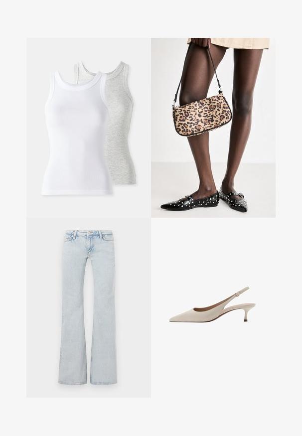 To slettekote bluser: en hvid med ribbet tekstur og en lysegrå med et subtilt melange-mønster. Begge har runde halsudskæringer.; Lyseblå flagrende jeans lavet af denim. Har en talje med metalknap, fem-lomme design og diskret falmning over det hele.; Beige slingback-hæle med spids tå og en lav, flared hæl. Fremstillet af glat læder med et minimalistisk design og justerbar rem.; Tasket med leopardmønster og en sort strop, der har en rektangulær form og glat tekstur. Tasken holdes ved siden af sorte spidse flade sko med nitter.