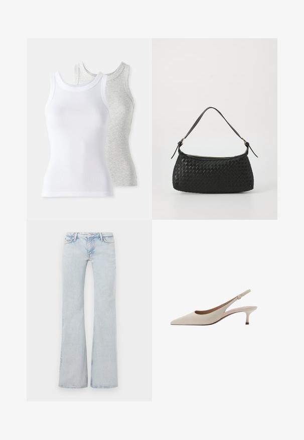 To slettekote bluser: en hvid med ribbet tekstur og en lysegrå med et subtilt melange-mønster. Begge har runde halsudskæringer.; Lyseblå flagrende jeans lavet af denim. Har en talje med metalknap, fem-lomme design og diskret falmning over det hele.; Beige slingback-hæle med spids tå og en lav, flared hæl. Fremstillet af glat læder med et minimalistisk design og justerbar rem.; Sort vævet skuldertaske med en glat læderrem og lynlåslukning. Har en tekstureret overflade og en buet form.