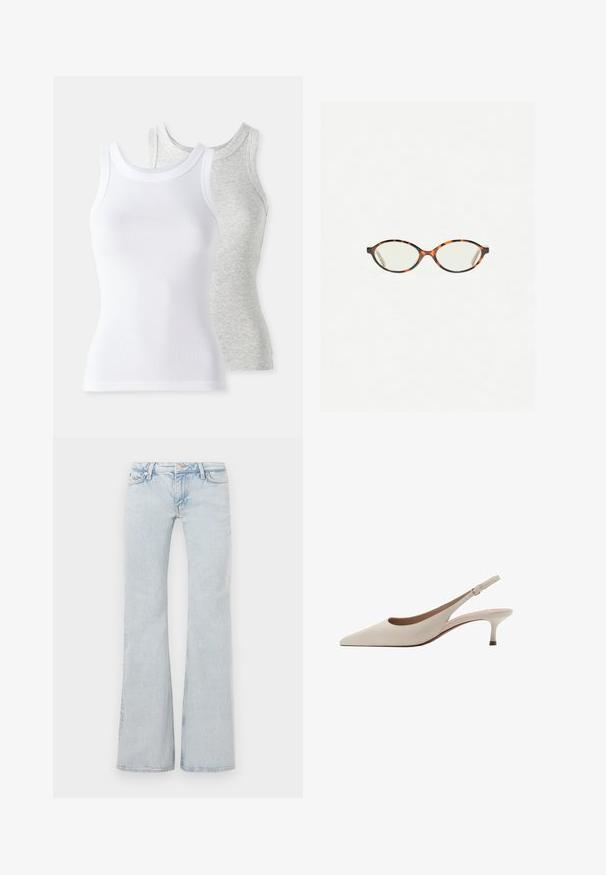Dva majice bez rukava: jedna bijela s rebrastom teksturom, a druga svijetlosiva s suptilnim heather uzorkom. Obe imaju okrugle izreze.; Svijetloplave flare trapke napravljene od denima. Imaju pojas s metalnim gumbom, dizajn s pet džepova i suptilno fading na cijeloj površini.; Bež sandale s potpeticom, s uskim vrhom i niskom, proširenom potpeticom. Izrađene od glatke kože s minimalističkim dizajnom i podesivim remenom.; Naočale u boji kornjače s ovalnim staklima i elegantnim, glatkim završetkom. Imaju tanke strane s suptilnom krivuljom na sljepoočnicama. Prozirna stakla.