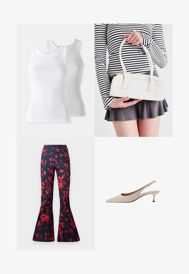 Twee mouwloze tanktops: één witte met geribbeld textuur en één lichtgrijze met een subtiel heatherpatroon. Beide hebben een ronde hals.; Uitlopende broek van marineblauwe stof met een felrood bloemenpatroon. Heeft een aansluitende taille en klokvormige benen. Gladde textuur.; Beige slingback hakken met een puntige neus en een lage, uitlopende hak. Gemaakt van glad leer met een minimalistisch ontwerp en een verstelbare band.; Witte handtas met krokodillenstructuur, twee handvaten, rechthoekige vorm en ritsluiting. Weergegeven tegen een lichte achtergrond.