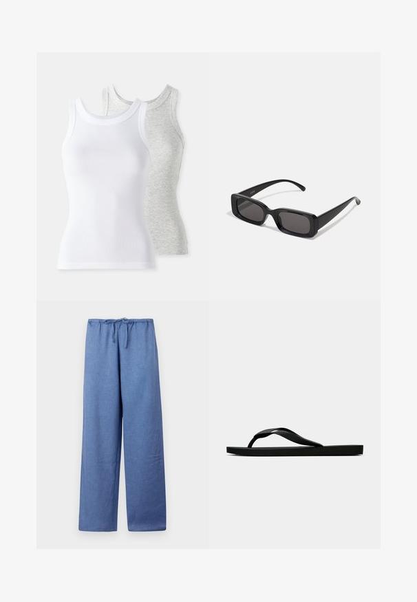 Două topuri fără mâneci: unul alb, cu textură din țesătură ribbed, și unul gri deschis cu un model discret heather. Ambele au decupaje circulare la gât.; Pantaloni largi, de culoare albastru deschis, cu un cordon la talie, confecționați dintr-un material moale, cu o textură netedă și o croială lejeră.; Sandala flip-flop din cauciuc negru, cu un bretele texturat și o talpă simplă și plată, prezentată din lateral pe un fundal simplu și deschis.; Ochelari de soare negri, cu ramă rectangulară, lentile întunecate, finisaj lucios, brațe late și un design masiv. Numele mărcii gravat pe una dintre brațe.