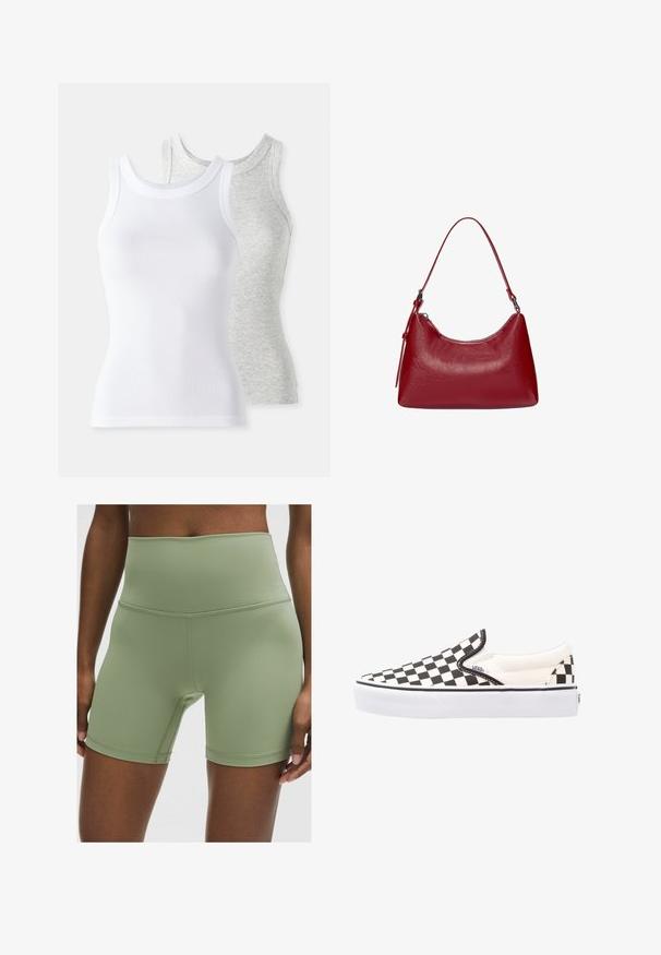 Due magliette senza maniche: una bianca con una texture a costine e una grigia chiara con un leggero motivo melange. Entrambe hanno scollature rotonde.; Pantaloni corti a vita alta, verde oliva, realizzati in tessuto liscio ed elastico. Presentano cuciture piatte e un design aderente per comfort e flessibilità.; Scarpe Vans slip-on a scacchi bianchi e neri con tomaia in canvas, suola in gomma e colletto imbottito. Punta piatta e rotonda con dettagli bianchi sulla suola.; Borsa a spalla in pelle rossa con un design curvo, texture liscia e chiusura con zip. Presenta un manico sottile per il trasporto.