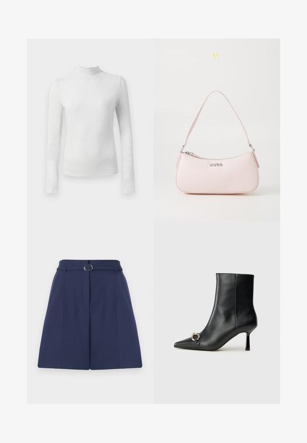 Balts garām piedurknēm turtleneck krekls, kas izgatavots no teksturēta, spīdīga auduma. Piemīt šaurs piegriezums un augsta kakla detaļa.; Jūras zila piegriezuma šorti ar jostu, satur jostu cilpas, izšuvumus un gludu auduma tekstūru. Standarta taisna griezuma.; Melnā ādas potīšu zābaku ar smailu purngalu, šauru vidēja augstuma papēdi un sudraba sprādzi sānos uz vienkrāsaina fona.; Rozā ādas somiņa ar izliekta dizaina, ar rāvējslēdzēja aizdari un plecu siksnu. Priekšpusē ir sudraba logs.