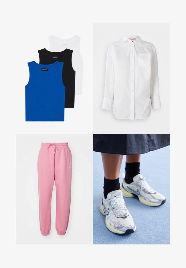Três camisetas sem mangas em azul, preto e branco. O tecido é canelado com um decote redondo. Cada camiseta tem uma etiqueta com a inscrição "even&odd."; Camisa branca de mangas compridas, com botões e colarinho, e um bolso no peito, exposta contra um fundo simples.; Calças de treino cor-de-rosa feitas de um material suave, com uma cintura elástica com cordão, pernas ajustadas e um pequeno logótipo branco da Nike.; Sapatilhas Nike brancas e prateadas com tecido em malha, detalhes refletivos e sola bege. Usadas com meias pretas, de pé sobre uma superfície azul.