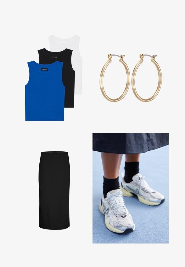 Tri majice bez rukavov v modri, črni in beli barvi. Tkanina je rebrasta z okroglo ovratnikom. Vsaka majica ima oznako "even&odd."; Črna svilenka iz gladkega materiala, zasnovana v oprijetem slogu, do kolen, s asimetričnim šivom na eni strani.; Bele in srebrne Nike teniske z mrežasto tkanino, refleksnimi poudarki in bež podplatom. Nosi se z črnimi nogavicami, stoji na modri površini.; Zlato obarvane kovinske uhane v obliki obroča z gladkim, okroglim dizajnom in varnim zapiranjem s tečajem. Lahki z sijajno površino.