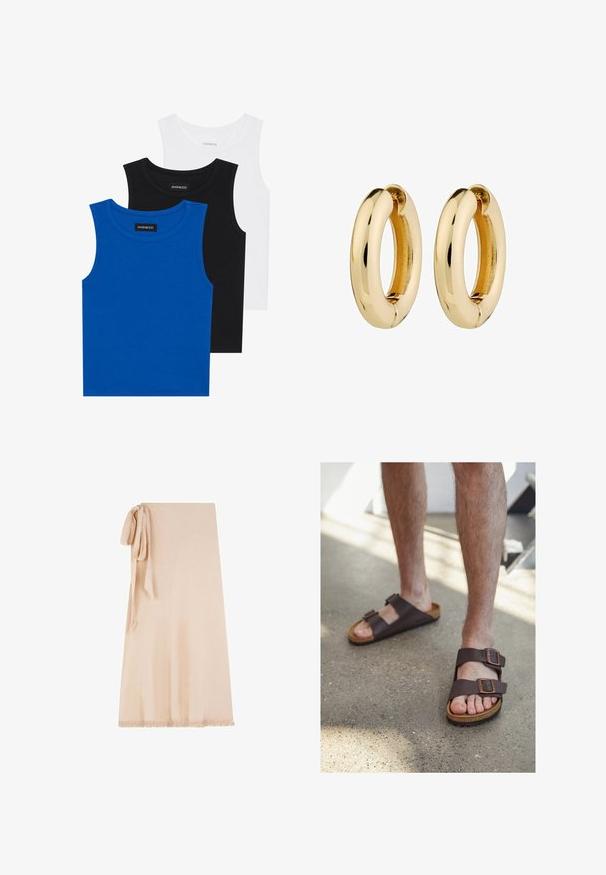 Drei ärmellose Hemden in Blau, Schwarz und Weiß. Der Stoff ist gerippt und hat einen runden Ausschnitt. Jedes Hemd hat ein Etikett mit der Aufschrift "even&odd".; Beiger Wickelrock aus weichem Stoff mit strukturierter Oberfläche, mit einer gebundenen Akzentuierung auf einer Seite und einem fransigen Saum am unteren Ende.; Braune Leder-Sandalen mit zwei verstellbaren Schnallen, Korkfußbett und strukturiertem Gummisohle, die barfuß auf einem Betonboden getragen werden.; Goldene Creolen mit einer glatten, polierten Oberfläche und runder Form. Die innere Kante weist ein dezentes Spalt-Detail zum Verschließen auf.