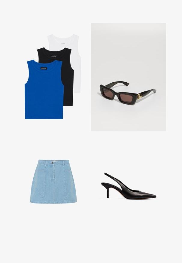 Tres camisetas sin mangas en azul, negro y blanco. La tela es acanalada con un escote redondo. Cada camiseta tiene una etiqueta con la inscripción "even&odd."; Falda de mezclilla azul clara con cintura alta, bolsillos delanteros y detalles de panel sutiles, con cierre de botón plateado.; NA-KD Tacones - black; Gafas de sol de carey negro con lentes rectangulares, tinte marrón, gruesa montura y detalle del logo doble-G en oro en la patilla.; Bolso hobo de cuero negro con una textura lisa y brillante, que presenta un asa ancha y curva, así como un sutil pliegue frontal con un cierre metálico a presión.; Pendientes de aro en tono dorado con un borde exterior de resina de patrón carey, que cuentan con un acabado suave y una forma circular elegante.