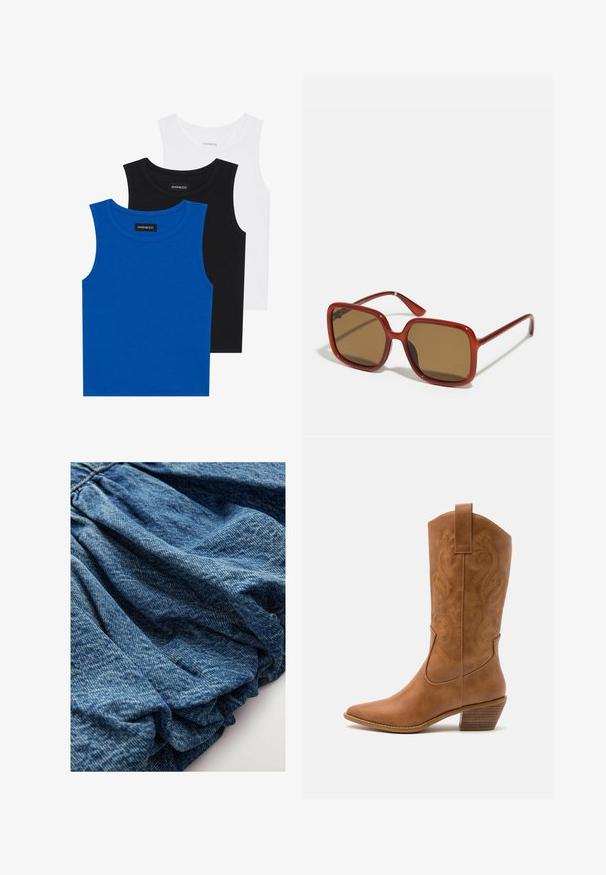 Trois débardeurs sans manches en bleu, noir et blanc. Le tissu est côtelé avec un col rond. Chaque débardeur a une étiquette portant la mention « even&odd ». ; Tissu en denim d'une teinte bleu profond, présentant une texture froncée qui crée des plis doux. Surface lisse avec des variations de couleur subtiles.; Bottes de cow-boy en cuir tan avec un bout pointu, des motifs en spirale brodés sur la tige, et un talon bloc empilé. Équipées d'une languette pour un enfilage facile.; Lunettes de soleil carrées rouges avec des verres teintés marron. Monture épaisse et brillante avec des branches fines et des détails mineurs sur le côté pour un intérêt visuel.; Even&Odd Sac à main - brown