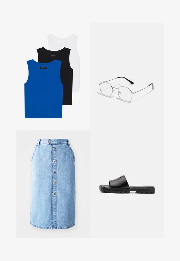 Tre ermeløse skjorter i blått, svart og hvitt. Stoffet er ribbet med rund halslinning. Hver skjorte har et merke merket "even&odd."; Lys blå denimskjørt med rett snitt, frontlukking med knapper og subtil søm. V-formet kant og ingen synlige mønstre.; Sorte mules med en glatt, matt læroverdel og en tykk, teksturert gummisåle. Markant gullfarget detalj på overdelen. Enkel, åpen design.; Runde metallbriller med en tynn sølvramme, klare linser, og svarte stenger med gummiforsterkninger for komfort. Minimalistisk design.