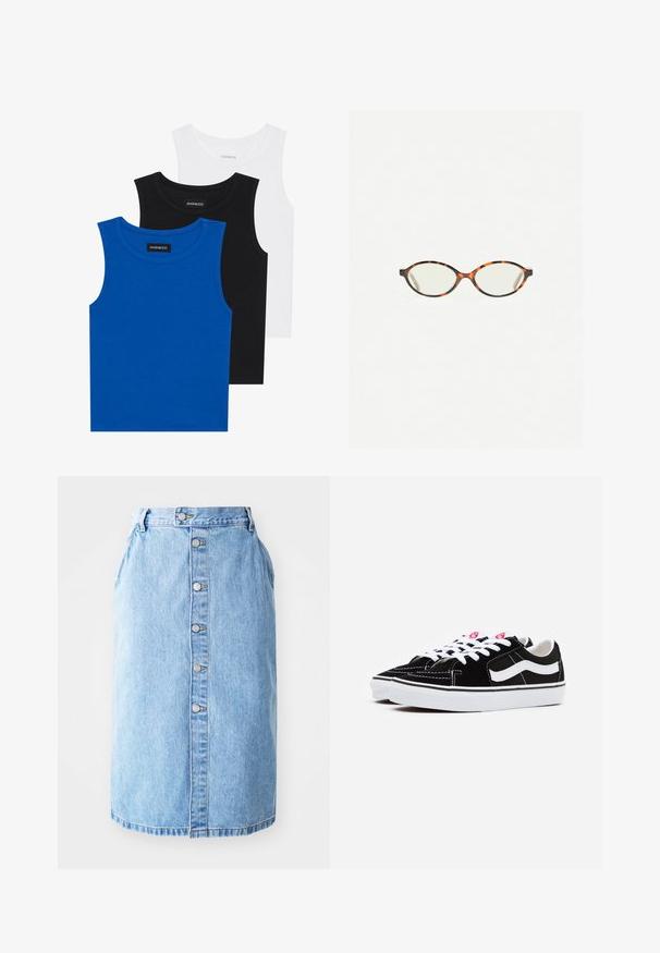 Tri majice bez rukavov v modri, črni in beli barvi. Tkanina je rebrasta z okroglo ovratnikom. Vsaka majica ima oznako "even&odd."; Svijetloplavi traper suknja ravnog kroja, s prednjim kopčanjem na gumbe i suptilnim šavovima. Hem u obliku slova V i bez vidljivih uzoraka.; Črne zamšene superge z belimi vezalkami, ki imajo izrazit bel stranski trak in črno gumijasto podplat, ter prikazujejo podrobnosti kontrastnega šivanja.; Kornjačaste očala z ovalnimi lečami in gladko, sijočo površino. Imajo tanke stranice z rahlim ovinkom na templjih. Prosojne leče.
