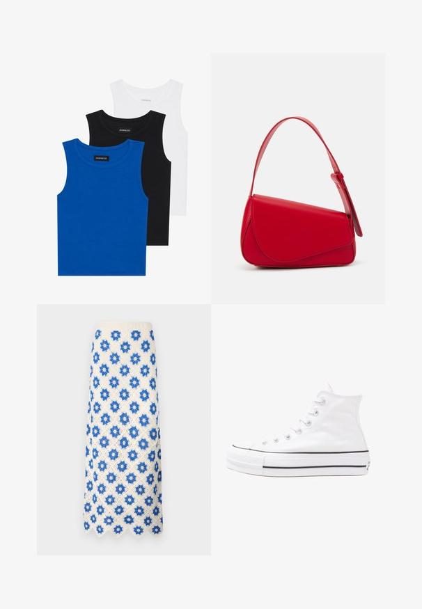 Tričko bez rukávov v modrej, čiernej a bielej farbe. Materiál je rebrovaný s okrúhlym výstrihom. Každé tričko má štítok s označením „even&odd.“; Dlhá čipková sukňa vo farbe bielej s modrými kvetinovými vzormi. Volánikový lem a textúrovaný dizajn dodávajú detail látke.; Biele vysoké plátené tenisky s čiernou gumovou podošvou, prednou gumovou špičkou a šiestimi okami na šnúrky, s čistým, minimalistickým dizajnom.; Červená kožená kabelka s ostrým, geometrickým dizajnom. Má jeden nastaviteľný popruh a uzatváranie na klopu so šitím.
