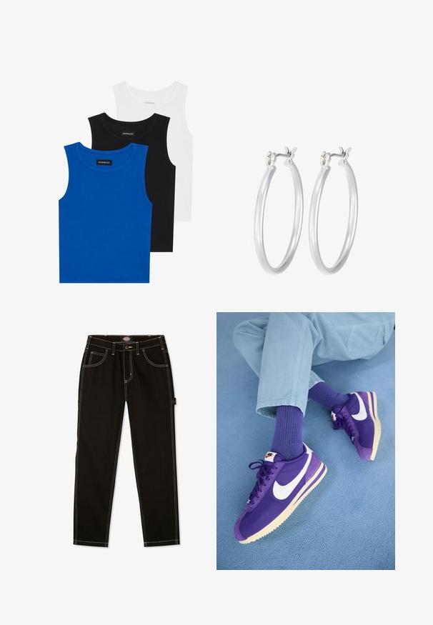 Trii bezrukavne majice u plavoj, crnoj i bijeloj boji. Tkanina je rebrasta s okruglim izrezom. Svaka majica ima oznaku označenu „even&odd.“; Crne traperice s kontrastnim bijelim šavovima, pet džepova i trakicom sa strane. Standardni kroj, ravne noge.; Nike Sportswear CORTEZ - Tenisice - field purple/summit white/alabaster; Srebrne kružne naušnice s glatkom, poliranom površinom. Okrugli oblik i sigurno kopčanje na klik. Lagani dizajn pogodan za svakodnevno nošenje.