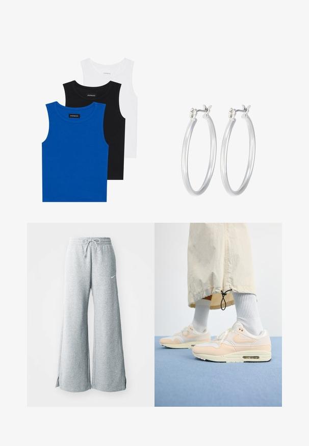 Kolme ilmavarrukatega särki sinises, mustas ja valges värvuses. Kangas on ribakujuline ja ümmarguse kaelusega. Igal särgil on silt, millel on kirjas "even&odd."; Heledad hallide püksid pehmest kangast, millel on nööriga vöökoht, laiad jalad ja külgsisselõiked. Nike logo on diskreetselt välja toodud.; Kerged Nike Air Max 1 tennised on valge ja pehme virsiku ülemise osaga, mis on valmistatud võrkkangast ja nahast, nähtava õhuüksuse ning reljeefse tallaga.; Hõbedased rõngaskõrvarõngad, millel on sile, läikiv viimistlus. Ümmargune kuju ja turvaline klõpsulatus. Kerge disain, sobib igapäevaseks kandmiseks.