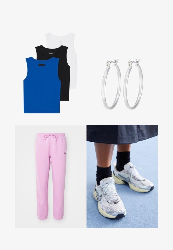 Drei ärmellose Hemden in Blau, Schwarz und Weiß. Der Stoff ist gerippt und hat einen runden Ausschnitt. Jedes Hemd hat ein Etikett mit der Aufschrift "even&odd".; Helle rosa Jogginghose aus weichem Stoff, mit einem elastischen Bund und Kordelzug sowie einem kleinen schwarzen Logo auf dem linken Oberschenkel.; Weiße und silberne Nike-Sneaker aus Mesh-Gewebe, mit reflektierenden Akzenten und einer beigen Sohle. Getragen mit schwarzen Socken und stehend auf einer blauen Fläche.; Silberne Creolen mit einer glatten, polierten Oberfläche. Runder Form und sicherem Klickverschluss. Leichtes Design, geeignet für den täglichen Gebrauch.