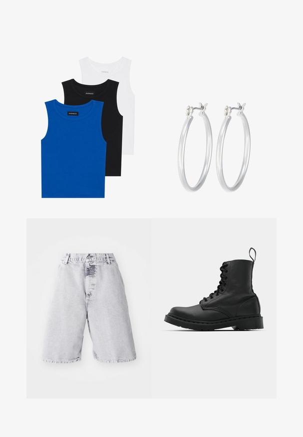 Three sleeveless shirts in blue, black, and white. The fabric is ribbed with a round neckline. Each shirt has a tag labeled “even&odd.”; Denim shorts in light gray with a faded texture. Features a button and zipper closure, belt loops, and a straight leg design.; Black leather combat boot with a round toe, lace-up front, and a pull tab at the ankle. Features a thick rubber sole for durability.; Silver hoop earrings with a smooth, polished finish. Round shape and secure click-top closure. Lightweight design suitable for everyday wear.