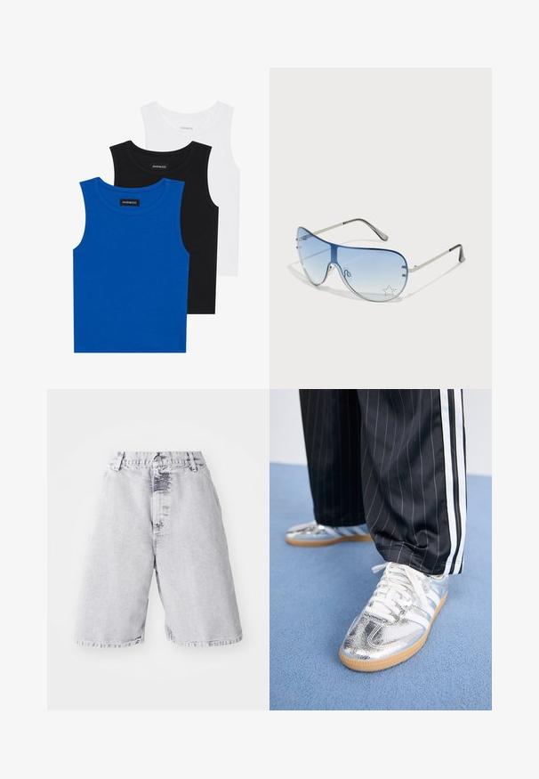 Drei ärmellose Hemden in Blau, Schwarz und Weiß. Der Stoff ist gerippt und hat einen runden Ausschnitt. Jedes Hemd hat ein Etikett mit der Aufschrift "even&odd".; Helle graue Denim-Shorts mit verwaschenem Material. Sie haben einen Knopf- und Reißverschluss, Gürtelschlaufen und ein gerades Bein-Design.; Metallisch silberne Sneaker mit weißen Schnürsenkeln und drei weißen Streifen, kombiniert mit schwarzen Nadelstreifen-Hosen. Gummisohle am Boden.; Flugzeugbrille mit einem verlaufenden blauen Glase, silbernem Metallrahmen und dekorativen Sternelementen auf dem Glas. Glattes und elegantes Design.