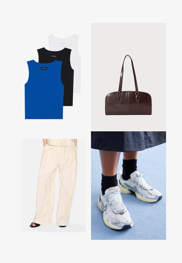 Tres camisetas sin mangas en azul, negro y blanco. La tela es acanalada con un escote redondo. Cada camiseta tiene una etiqueta con la inscripción "even&odd."; Pantalones de pierna ancha en un tejido beige claro con una textura suave, que cuentan con pliegues y una cintura ajustable con cordón. Diseño minimalista.; Zapatillas Nike blancas y plateadas con tejido de malla, detalles reflectantes y una suela beige. Llevadas con calcetines negros, de pie sobre una superficie azul.; Bolso de piel marrón con dos asas largas, forma rectangular estructurada, textura suave y bordes redondeados. Presenta detalles de acentuación en las asas.