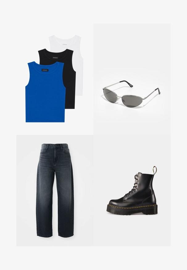 Trys bešvarkiai marškiniai mėlynos, juodos ir baltos spalvų. Medžiaga yra raštuota, su apvalia iškirpte. Kiekvienas marškinys turi etiketę su užrašu „even&odd.“; Plačiai kojomis džinsai tamsaus skalbimo džinsinio audinio, turintys aukštą liemenį, klasikinius mygtuko ir užtrauktuko užsegimus bei švelnų blukimą priekyje.; Juodi odiniai auliniai batai su raišteliais, turintys masyvų juodą pado ir geltoną siūlą. Su nugarinėmis kilpomis ir apvaliais metaliniais akių laikikliais.; Akiniai nuo saulės su elegantišku sidabro metaliniu rėmu, pilkai tonuotais objektyvais ir aerodinaminiu dizainu, turinčiu smailius kampus ir plonus šonus.