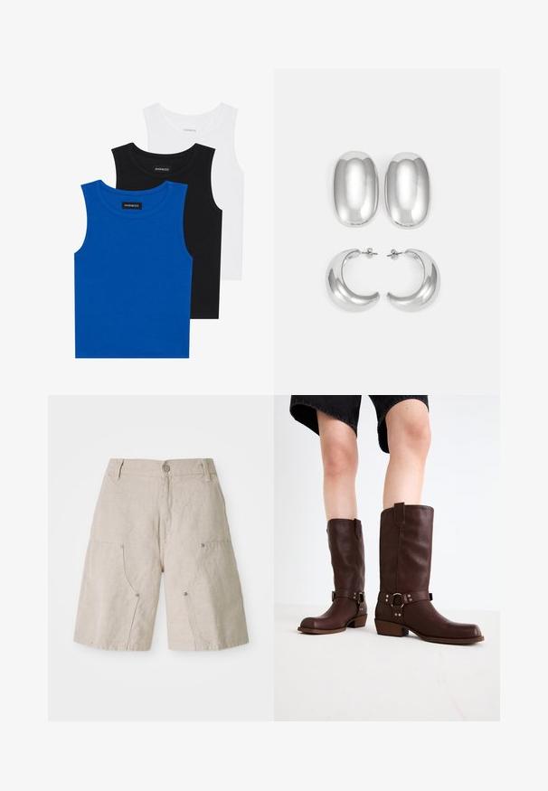 Three sleeveless shirts in blue, black, and white. The fabric is ribbed with a round neckline. Each shirt has a tag labeled “even&odd.”; Beige linen shorts with a relaxed fit, featuring two front pockets and circular metal accents. Casual design with a textured finish.; Brown leather knee-high boots with a rounded toe, textured surface, ankle strap, and silver hardware detail; stacked heel.; Silver-colored earrings set: two oval studs and two crescent-shaped hoops, featuring a glossy, smooth finish and a rounded design.