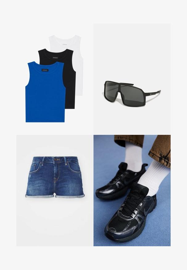 Tri majice bez rukavov v modri, črni in beli barvi. Tkanina je rebrasta z okroglo ovratnikom. Vsaka majica ima oznako "even&odd."; Jeans kratke hlače v temno modri barvi z obrabljenim izgledom, zasnova s petimi žepi in zavitimi robovi. Imajo kontrastne šive in gumbasto zapiranje.; Črni Nike supergi z mrežasto in sintetično, teksturirano zgornjo plastjo, črnimi vezalkami in trpežnimi gumijastimi podplati. Vidne bele rebraste nogavice.; Črne sončne očala z velikim, ostrim okvirjem, temnimi lečami in tankimi, elegantnimi ročaji, ki imajo majhen logotip na eni strani.; Srebrni obročasti uhani s poliranim finišom, ki se ponašajo s krožno zasnovo in brezšivnimi tečaji ter gladko teksturo.