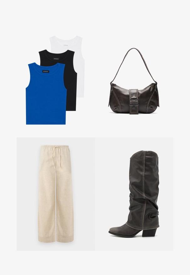 Trīs bezpiedurkņu krekli zilā, melnā un baltā krāsā. Audums ir ribots ar apaļu kakla izgriezumu. Katram kreklam ir birka ar uzrakstu "even&odd."; Bežīgas lina platās bikses ar elastīgu jostu un auklu. Audumam ir teksturēta virsma, kas nodrošina vieglu un gaisīgu izskatu.; Pelēki ādas zābaki līdz potītēm ar brīvu dizainu, smailo pirkstu un salikto papēdi. Ievērojama šuvju detaļa uz pirksta zonas.; Brūna ādas plecu soma ar izliekta formu, kas izceļas ar izteiktu sprādzes detaļu, kontrastējošām šuvēm un vienu plecu siksnu.