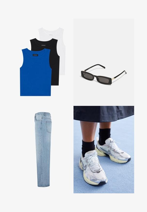 Három ujjatlan póló kék, fekete és fehér színben. Az anyaga bordázott, kerek nyakkivágással. Minden pólón egy "even&odd" feliratú címke található.; Világoskék, egyenes szabású farmernadrág magas derékkal és látható hátsó zsebbel, oldalnézetből, fehér háttér előtt.; Fehér és ezüst Nike sportcipők hálós anyagból, fényvisszaverő részletekkel és bézs talppal. Fekete zoknival viselve, egy kék felületen állva.; Fekete téglalap alakú napszemüveg sötét lencsékkel, fényes műanyag kerettel, arany díszítéssel az temples. Minimalista design és elegáns forma.