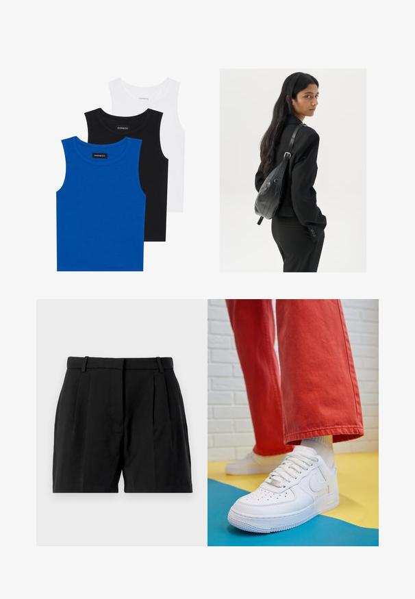 Tri majice bez rukavov v modri, črni in beli barvi. Tkanina je rebrasta z okroglo ovratnikom. Vsaka majica ima oznako "even&odd."; Črne hlače s krojem, ki vključuje sprednje gube, ravno rez in stranske žepe. Narejene so iz gladkega, tkanega materiala.; Beli usnjeni športni čevlji s perforiranim prstnim delom, teksturiranim podplatom in belimi vezalkami, v kombinaciji s širokimi rdečimi hlačami in modro-rumeno ozadje.; Ženska z dolgimi temnimi lasmi, oblečena v črn kostim, nosi črno usnjeno torbo čez ramo in se ozira čez ramo proti beli podlagi.