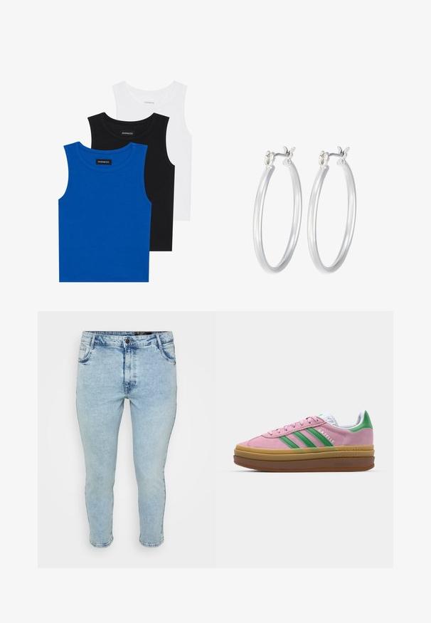 Kolme ilmavarrukatega särki sinises, mustas ja valges värvuses. Kangas on ribakujuline ja ümmarguse kaelusega. Igal särgil on silt, millel on kirjas "even&odd."; Heledad sinine denimist teksapüksid, millel on kulunud viimistlus, kitsas lõige, viis taskut ning klassikaline nööp sulgemine. Peen õmblus ja äärte aktsendid.; Roosa nahast tossud roheliste triipude, valgete aktsentide ja pruuni kummitaldiga. Omavad tekstuuriga kangast ja logo detaile külgedel.; Hõbedased rõngaskõrvarõngad, millel on sile, läikiv viimistlus. Ümmargune kuju ja turvaline klõpsulatus. Kerge disain, sobib igapäevaseks kandmiseks.