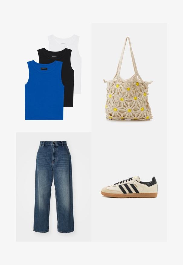 Tre ermeløse skjorter i blått, svart og hvitt. Stoffet er ribbet med rund halslinning. Hver skjorte har et merke merket "even&odd."; Blå denim vidbukser med høj talje, designet med knaplukning, bæltestropper og falming over lårerne. Lige buksebenåbninger.; Beige idrettssko med svarte striper, gummigummi yttersåle og svarte detaljer. Har en glatt lær overdel og en avrundet tådesign.; Heklet tote-veske i beige med blomstermønster, med gule detaljer. To solide håndtak for bæring, myk tekstur og åpen design.