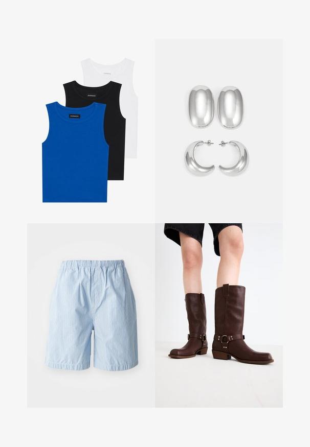 Tri majice bez rukavov v modri, črni in beli barvi. Tkanina je rebrasta z okroglo ovratnikom. Vsaka majica ima oznako "even&odd."; Svetlo modri šorti iz tkanine z navpičnimi črtami. Elastičen pas in zategnjeni robovi, ki prikazujejo preprost, sproščen slog.; Rjave usnjene čizme do kolen s zaobljenim nosom, teksturirano površino, trakovi okoli gležnja in srebrni detajli; zasnovane s steknjenim peto.; Set srebrnih uhani: dva ovalna ušesa in dve obročni obliki, z visokim sijajem, gladko površino in okroglo obliko.