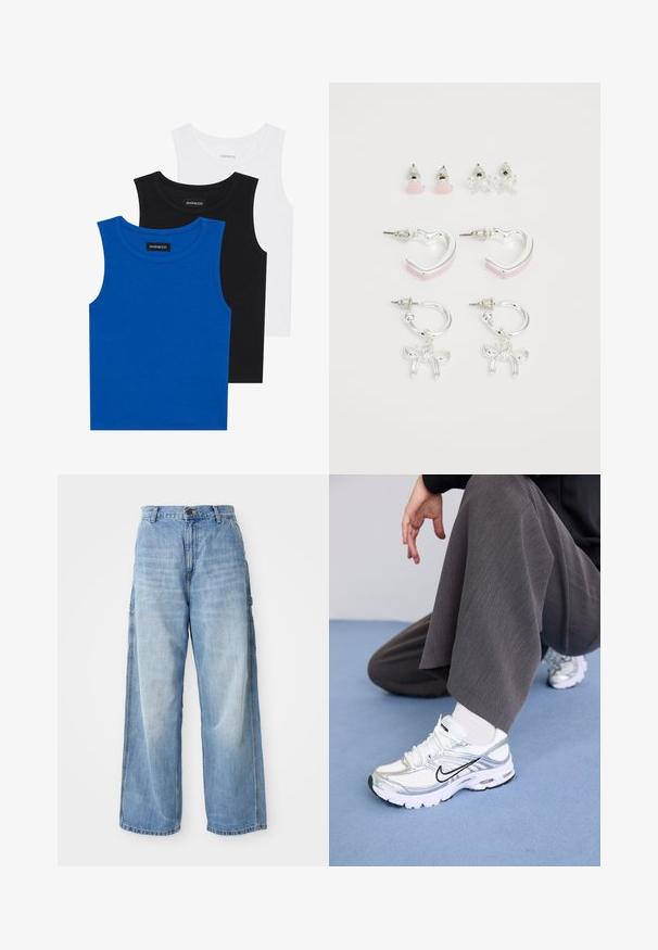Trys bešvarkiai marškiniai mėlynos, juodos ir baltos spalvų. Medžiaga yra raštuota, su apvalia iškirpte. Kiekvienas marškinys turi etiketę su užrašu „even&odd.“; Šviesiai mėlynos plačiakulkės džinsai su aukštu liemeniu, turintys šonines kišenes ir nublukusią tekstūrą, pagaminti iš džinsinio audinio.; Balti ir sidabriniai sportiniai batai su tinklelio ir sintetinėmis medžiagomis, turintys juodus akcentus, raištelius ir tekstūruotus padais.; Keturių auskarų rinkinys: du sidabriniai žiedai su rožiniais akcentais, du auskarai-šnipščiai širdelės ir kaspino formų, visi su blizgiais metaliniais paviršiais.