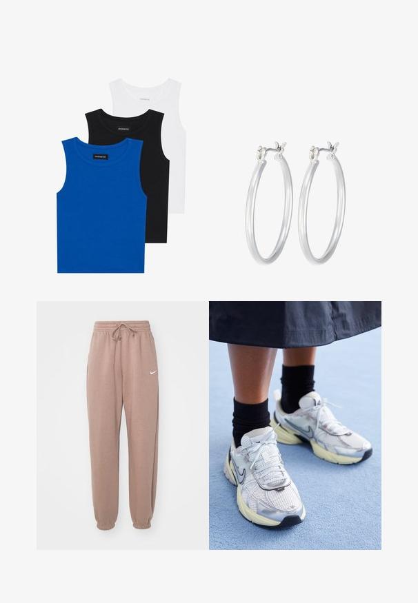 Trys bešvarkiai marškiniai mėlynos, juodos ir baltos spalvų. Medžiaga yra raštuota, su apvalia iškirpte. Kiekvienas marškinys turi etiketę su užrašu „even&odd.“; Šviesiai rudi sportiniai džinsai su elastinga juosta ir raišteliu. Priekabinti kulkšnių galai ir baltas Nike logotipas kairėje pusėje. Pagaminti iš minkštos medžiagos.; Balti ir sidabriniai Nike sportbačiai su tinkline medžiaga, atspindinčiais akcentais ir smėlio spalvos padu. Dėvimi su juodomis kojinėmis, stovint ant mėlynos paviršiaus.; Sidabriniai auskarai su sklandžiu, poliruotu paviršiumi. Apvalios formos ir saugus uždarymo mechanizmas. Lengvas dizainas, tinkantis kasdieniam dėvėjimui.