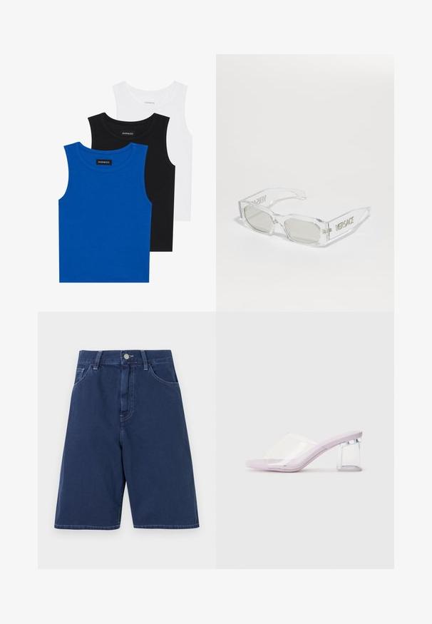 Trei tricouri fără mâneci, în culorile albastru, negru și alb. Materialul este texturat, cu un decolteu rotund. Fiecare tricou are un eticheta pe care scrie "even&odd."; Pantaloni scurți din denim albastru închis cu un design tradițional cu cinci buzunare, bucle pentru curea și închidere cu un buton frontal. Textură netedă cu cusături vizibile.; Mule rozaliu cu toc din plastic transparent și brâu superior din plastic clar. Textură netedă, design cu vârful deschis, formă minimalistică.; Ochelari de soare din plastic transparent cu lentile gri, formă rectangulară, logo-ul „Versace” embosat pe brate, evidențiind un design modern.