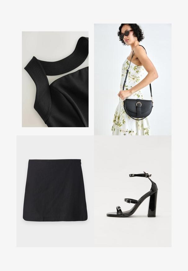 Czarny bezrękawnik z szerokimi żeberkowymi ramiączkami i gładką teksturą materiału, z konturowymi szwami dla dopasowanego kroju.; Czarna lniana spódniczka mini o prostym kroju, z czystym wykończeniem i subtelną teksturą. Posiada zapięcie na zamek błyskawiczny z boku.; Czarne lakierowane sandały na obcasie z kwadratowym noskiem, z paskami wokół kostki i srebrnymi klamrami. Posiadają masywny słupek dla stabilności.; Czarna skórzana torebka o zakrzywionym kształcie, z odpinanym paskiem i złotymi akcentami. Torebka posiada klapę z zapięciem w kształcie klamry.
