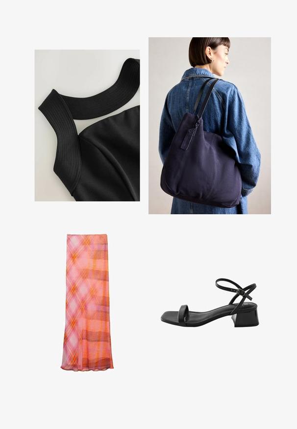 Top nero senza maniche con spalline larghe a coste e una texture del tessuto liscia, caratterizzato da cuciture contour per un design aderente.; Sciarpa trasparente nei toni di rosa, arancione e viola con motivo a quadri. Tessuto leggero con texture variate e un design fluente.; Next FOREVER COMFORT - REGULAR FIT - Sandali - black; Borsa a spalla in tela blu navy con una forma morbida e strutturata, dotata di una tracolla nera, dettagli cuciti e una piccola etichetta del marchio.