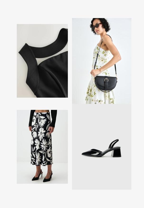 Zwarte mouwloze top met brede ribgebreide banden en een gladde stoftextuur, met afgewerkte naden voor een aansluitend ontwerp.; Zwart-witte bloemenprint rok van gladde stof, met een middellange snit en een vloeiende silhouette. Gepaard met zwarte puntige hakken.; Zwarte gepatineerde leren slingback hakken met een spitse neus en een geometrische blokhak. Kenmerkt zich door een slank, minimalistisch ontwerp en een gladde textuur.; Zwarte leren handtas met een gebogen vorm, afneembare schouderband en gouden hardware. De tas heeft een klep met een gespsluiting.