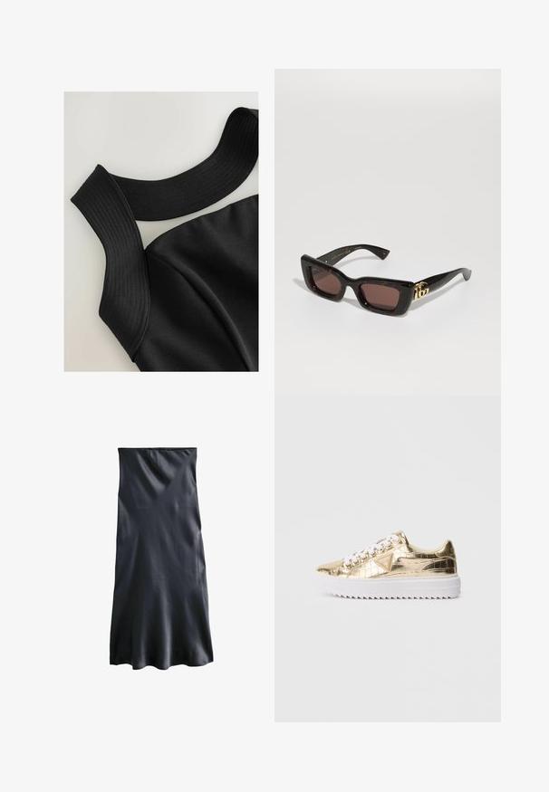 Haut sans manches noir avec de larges bretelles côtelées et une texture de tissu lisse, présentant des coutures contour pour un design ajusté.; Robe midi en soie noire avec une coupe droite, texture lisse et un léger éclat. Ne présente aucun matériel visible ni motifs.; Baskets basses métalliques dorées avec des lacets blancs et une semelle épaisse et texturée blanche, présentant un logo Guess triangulaire sur le côté.; Lunettes de soleil en écaille de tortue noire avec des verres rectangulaires, teinte marron, épais cadre et détail de logo double-G doré sur la branche.; Sac à main noir à la forme structurée, texture lisse et fermoir métallique. Associé à un pantalon noir ample et des sandales ouvertes sur un sol en bois.