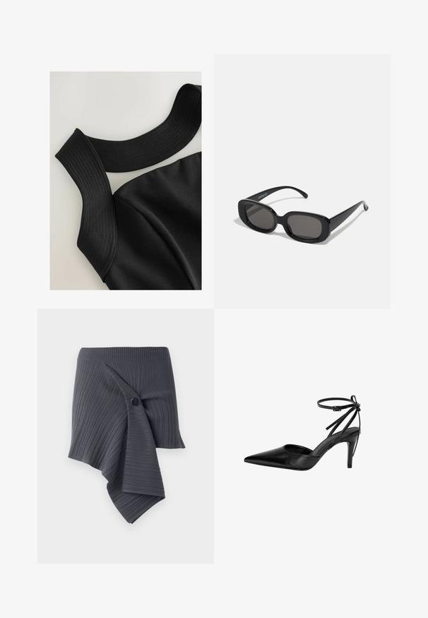 Fekete ujjatlan felső széles bordás pántokkal és sima szövet állaggal, kontúrozott varrásokkal az illeszkedő kialakítás érdekében.; Sötét szürke bordázott rakott szoknya csavart mintával és kerek fekete gomb díszítéssel. Texturált, rugalmas anyagból készült.; Fekete, hegyes orrú magassarkú cipő, amelynél kivágásos dizájn és állítható bokapánt található. A cipő sima, fényes felülettel és karcsú sarokkal rendelkezik.; Fekete téglalap alakú napszemüveg sötét lencsékkel. Vastag műanyag keret, sima textúrával és lekerekített élekkel. Stílusos szárak kinyúlnak oldalra.; Fekete bőrtáska ívelt formával, levehető pánttal és arany színű fémrészekkel. A táskán egy csattal díszített fedél található.