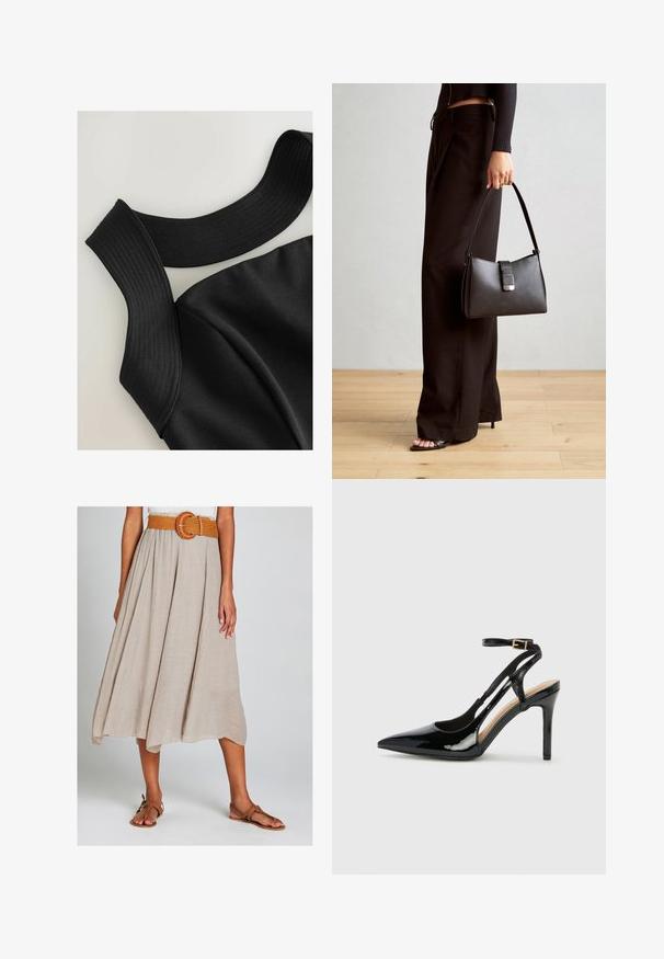 Černý top bez rukávů s širokými ribovanými ramínky a hladkým textilním povrchem, se tvarovanými švy pro obepnutý design.; Béžová midi sukně ve tvaru A vyrobená z texturované látky, s pleteným oranžovým páskem s kulatou sponou a v kombinaci s hnědými plochými sandály.; Černé lakované kožené lodičky na vysokém podpatku s špičatou špičkou, nastavitelným páskem kolem kotníku a otevřenými stranami. Hladká textura.; Černá kabelka se strukturovaným tvarem, hladkým povrchem a kovovým uzávěrem. Kombinována s širokými černými kalhotami a sandály s otevřenou špičkou na dřevěné podlaze.