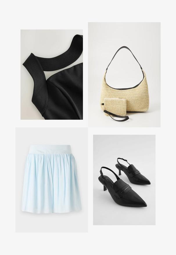 Zwarte mouwloze top met brede ribgebreide banden en een gladde stoftextuur, met afgewerkte naden voor een aansluitend ontwerp.; Lichtblauwe rok met een geraffineerd ontwerp, voorzien van een brede tailleband en een zachte textuur; geschikt voor casual draag. Geen zichtbare patronen of metalen onderdelen.; Zwarte leren slingback hakken met spitse neuzen, voorzien van een brede frontband en zilverkleurige hardware-accenten. Gestructureerde afwerking, gemiddelde hak.; Geweven strohandtas met een gebogen silhouet, voorzien van een soepele zwarte leren schouderband en een bijpassend klein zakje dat is bevestigd met een polsband.
