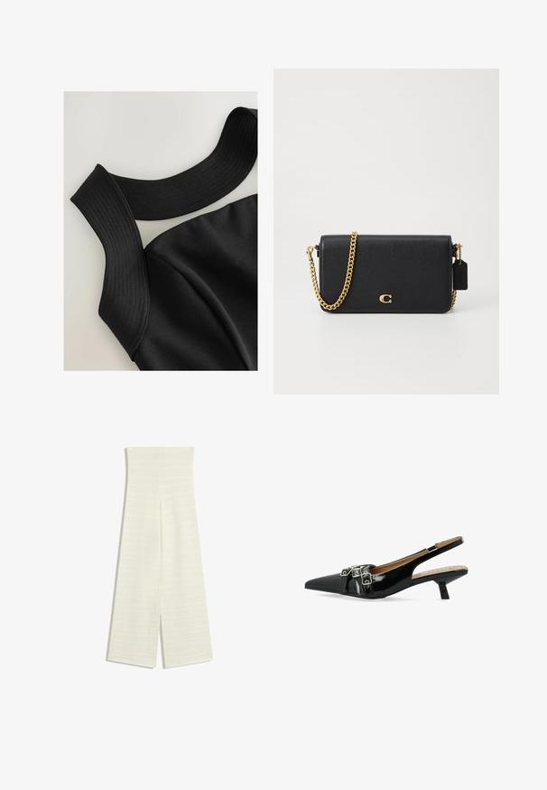 Top nero senza maniche con spalline larghe a coste e una texture del tessuto liscia, caratterizzato da cuciture contour per un design aderente.; Pantaloni a gamba larga in tessuto a maglia bianco sporco, caratterizzati da un'alta vita e un motivo testurizzato. Il design include uno spacco all'orlo su ciascun lato.; Scarpe slingback in vernice nera con punta affusolata e due cinturini con fibbie. Presentano un tacco basso inclinato e una superficie liscia.; Borsa a tracolla in pelle nera con superficie strutturata, tracolla in metallo dorato e un piccolo etichetta. Presenta un logo prominente sul davanti.