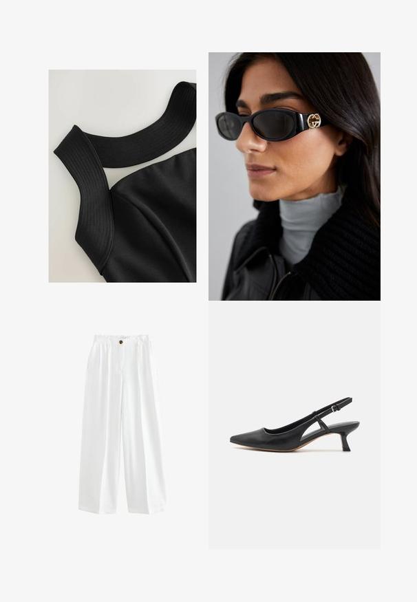 Juodas be rankovių viršus su plačiomis lygiomis juostelėmis ir glotnia audinio tekstūra, turintis kontūruotų siūlių, kad būtų pritaikytas dizainas.; Balti plačiai kojos kelnės, pagamintos iš lengvos medžiagos. Su užsegimu sagute, dviem šoninėmis kišenėmis ir laisvu siluetu.; Juoda odinė slingback batų pora su smailiu pirštu, žemu blokuoto kulno, išpjova šone ir reguliuojamu kulkšnies dirželiu. Lygi tekstūra visame bato paviršiuje.; Juodos saulės akinius, turinčius elegantišką stačiakampį rėmą su auksiniu logotipo akcentu šone. Tamsūs lęšiai ir blizgus paviršius išsiskiria.