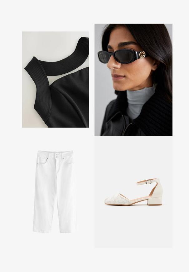 Schwarzes ärmelloses Oberteil mit breiten gerippten Trägern und glattem Stoffgefühl, das konturierte Nähte für eine figurbetonte Passform aufweist.; Weiße Denim-Culottes mit entspannter Passform, zwei vorderen Taschen und Knopfverschluss. Strukturierter Stoff mit genähten Nähten.; Weiße Spitzenanpassungsschuh mit niedrigem, klobigem Absatz und spitzem Zehendesign. Glattes Innenfutter, strukturierter Spitzenoberteil und Schnallendetail.; Schwarze Sonnenbrille mit einem schlanken rechteckigen Rahmen und einem goldenen Logo-Akzent an der Seite. Dunkle Gläser und glänzende Oberfläche sind auffällig.