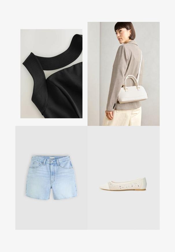 Top negro sin mangas con tirantes anchos acanalados y una textura de tela suave, que presenta costuras contorneadas para un diseño ajustado.; Pantalones cortos de mezclilla azul claro con diseño de cinco bolsillos, cierre de botón y dobladillo ligeramente deshilachado. La tela presenta una apariencia suave y texturizada.; Bailarinas de punta afilada en cuero crema con parte superior transparente adornada con cristales. Suela suave para mayor comodidad, diseño minimalista.; Bolso estructurado blanco con asas cortas y una correa para el hombro, que presenta detalles en dorado y material texturizado, exhibido sobre un fondo gris.