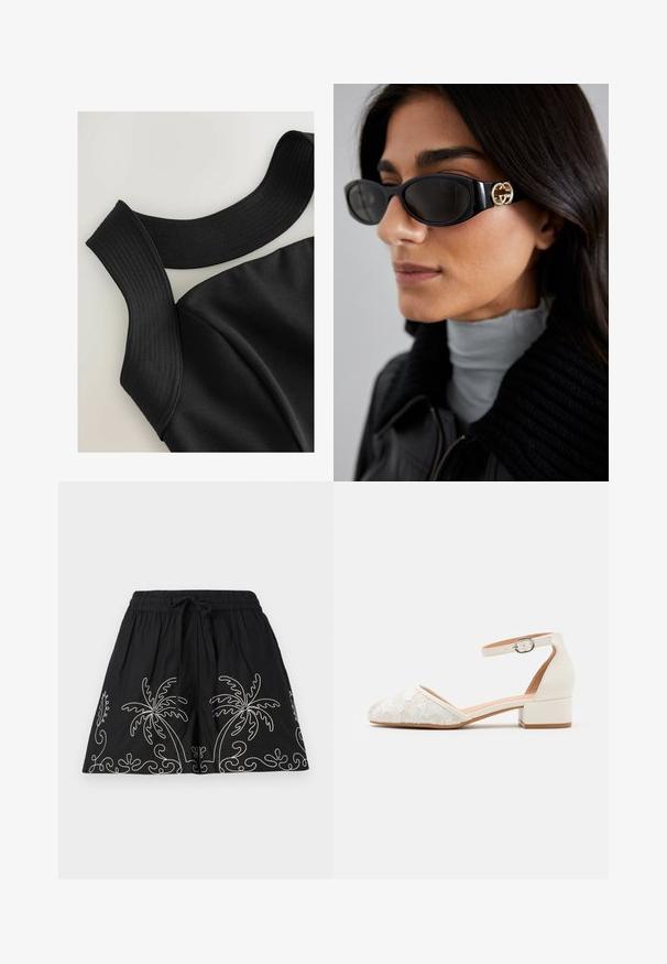 Čierny bezrukávový top so širokými rebrovanými ramienkami a hladkou textúrou tkaniny, s kontúrovanými švami pre priliehavý strih.; Čierne šortky s elastickým pásom a šnúrkou. Majú biele výšivky paliem a vírivých vzorov pozdĺž lemu. Mäkká textúra látky.; Biele čipkované topánky na členkovom remienku s nízkym, masívnym podpätkom a špičatým nosom. Hladká vnútorná podšívka, textúrovaný čipkový zvršok a detail s prackou.; Čierne slnečné okuliare s elegantným obdĺžnikovým rámom a zlatým logom na boku. Tmavé šošovky a lesklý povrch sú výrazné.